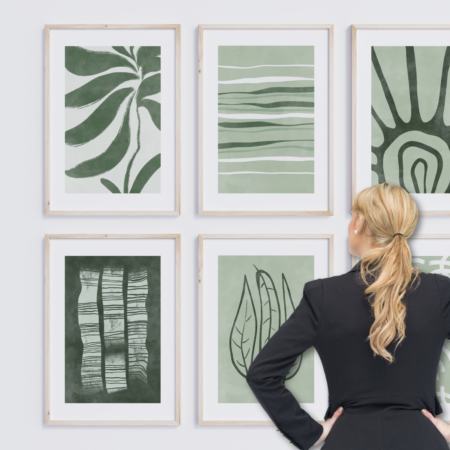 Abstrakte plakater i grønne toner med organiske former fra Green Abstract Collection