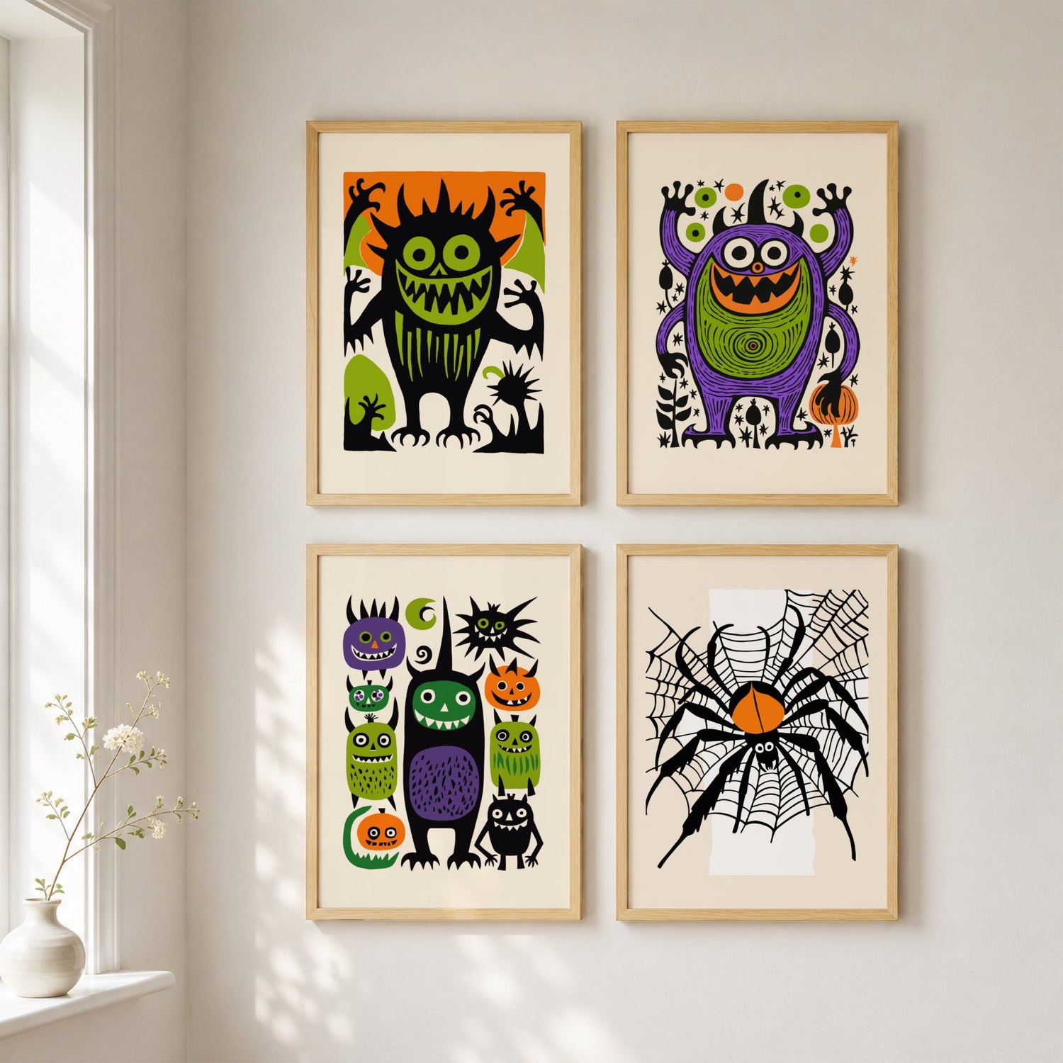 Samlingsbilde fra Happy Monsters Halloween Collection med fargerike monsterplakater og edderkoppmotiv i leken retro Halloween-stil for barnerom og sesongdekor.