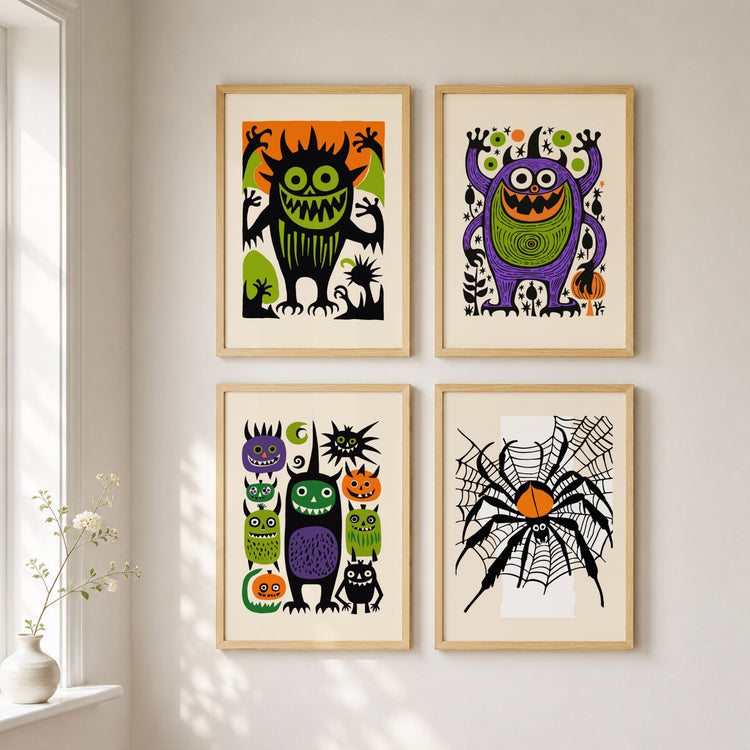 Samlingsbilde fra Happy Monsters Halloween Collection med fargerike monsterplakater og edderkoppmotiv i leken retro Halloween-stil for barnerom og sesongdekor.
