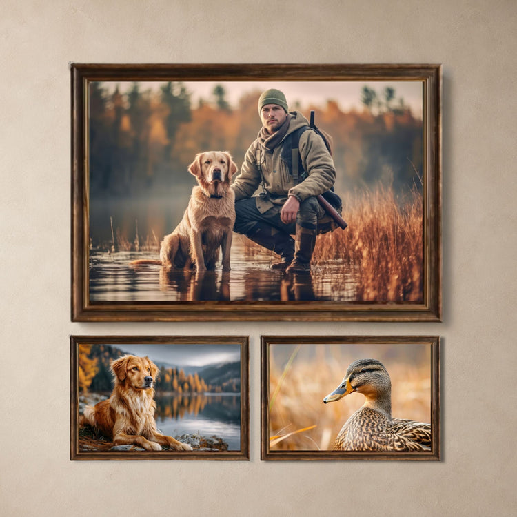 Gallerivegg med tre jakt- og villmarksplakater som viser jeger med hund, stokkand og naturmotiver.