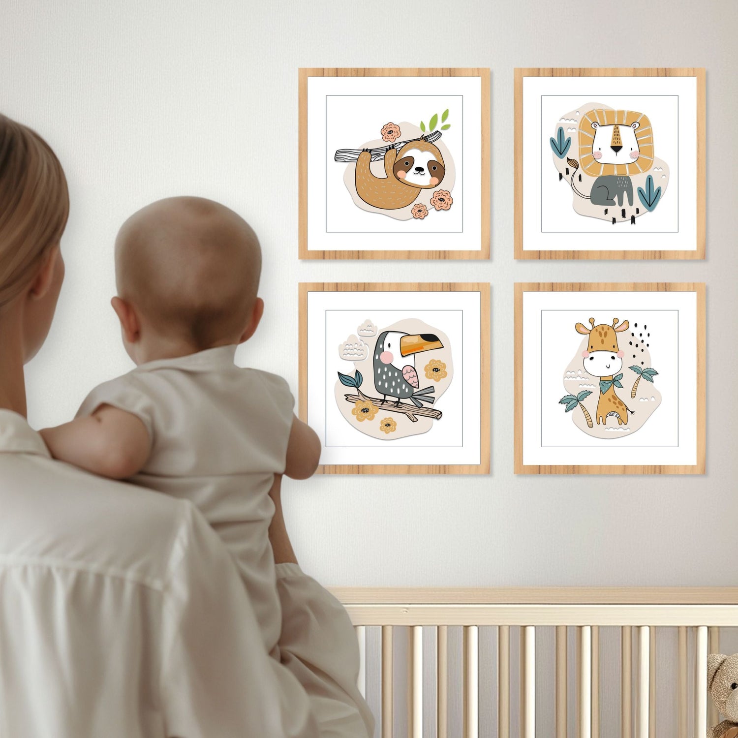 Barneplakater med jungeldyr i akvarell stil i barnerom med barn