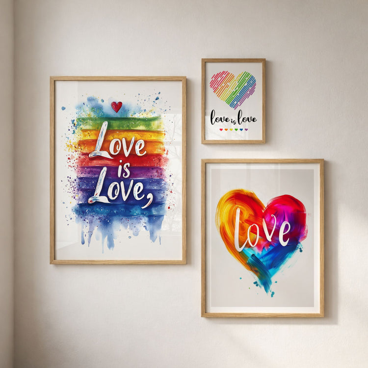 Love in Color kolleksjon med tre fargerike plakater inspirert av kjærlighet, mangfold og moderne veggkunst