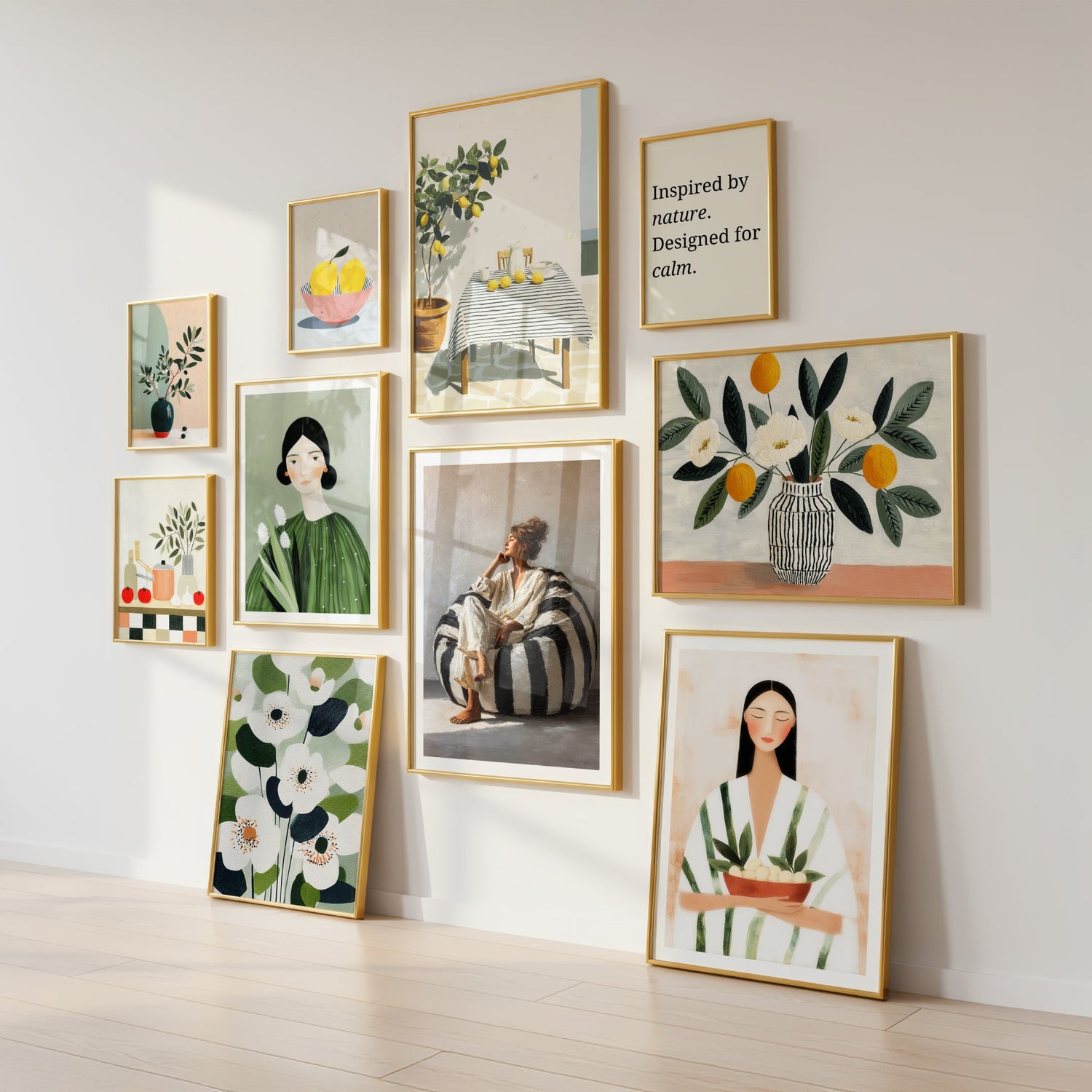 Gallerivegg med plakater fra MODERN GOUACHE – Botanical & Nature, Quiet Figures og Still Life & Everyday Calm.