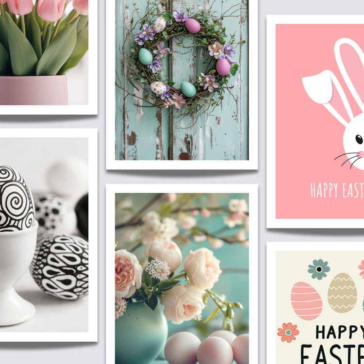 Kolleksjon av påskeplakater med kaniner, blomster, påskeegg og vårmotiv i myke pastellfarger vist som gallerivegg.