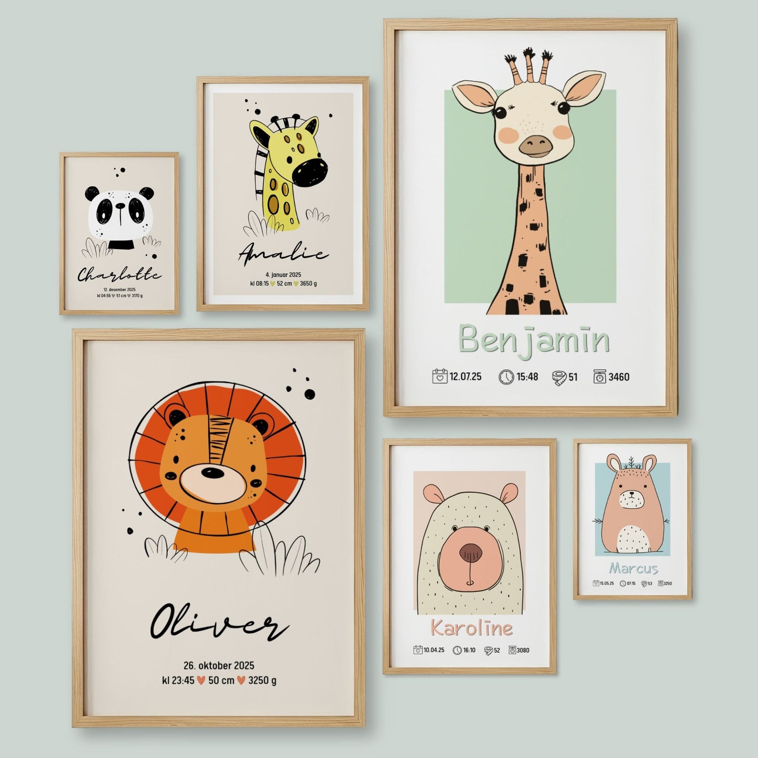 Personlige fødselsplakater til barnerom med søte og fargerike dyremotiver i nordisk stil