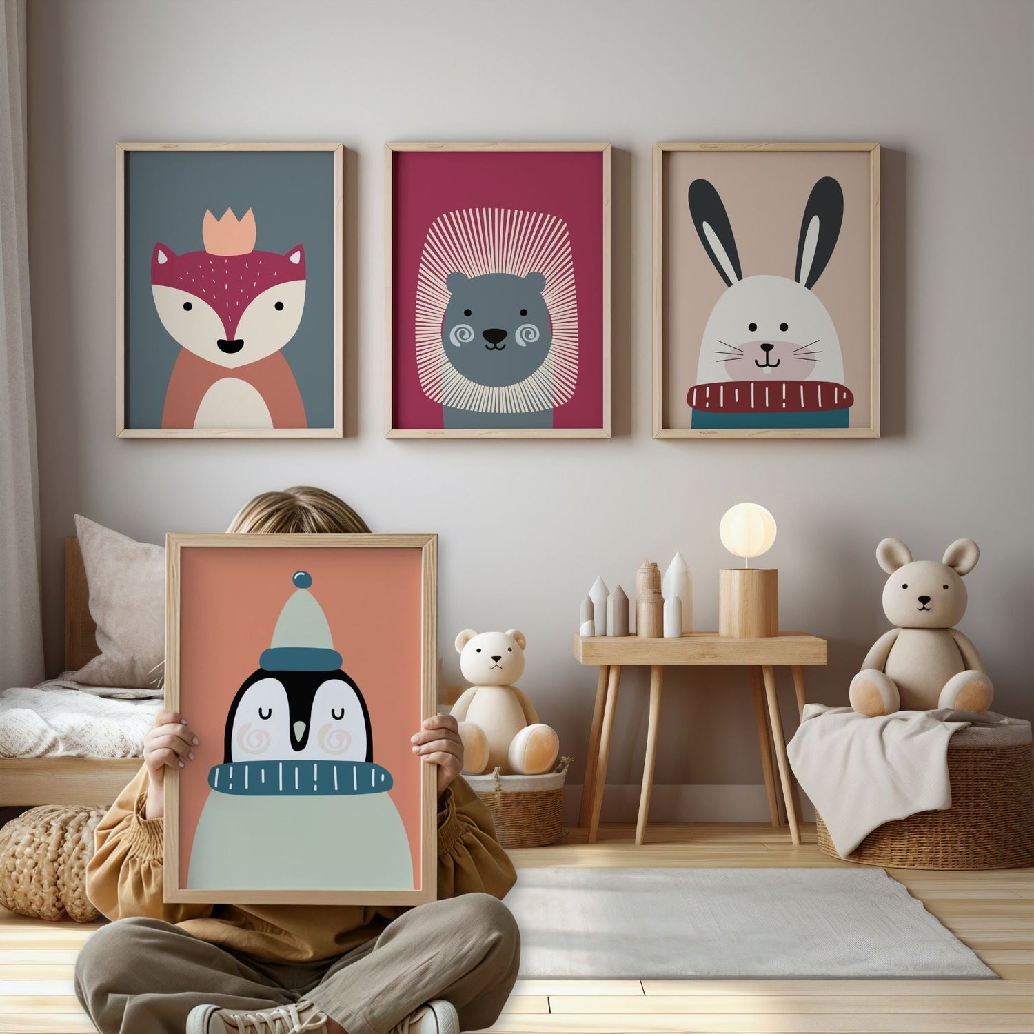 Barn holder panda plakat med teksten Be Kind i koselig rom