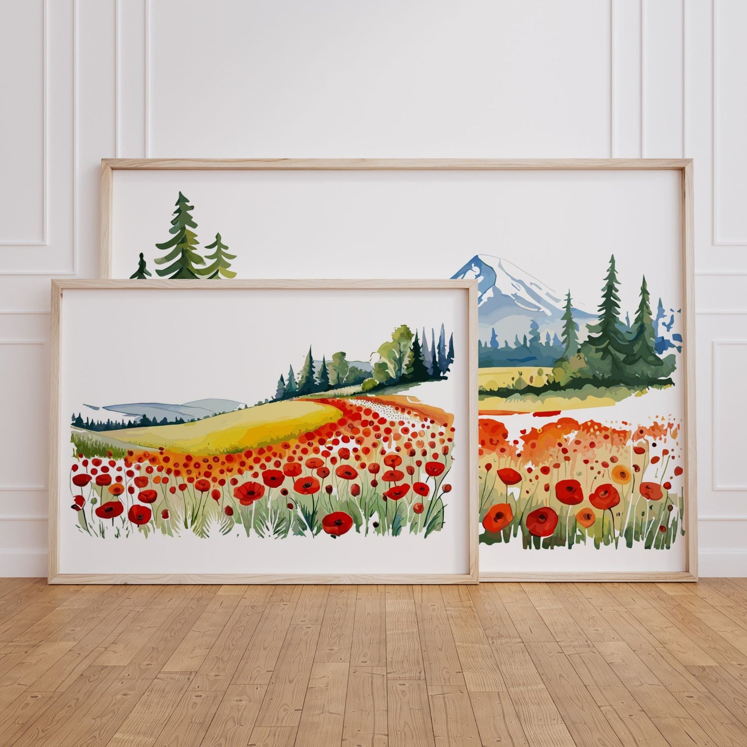 Illustrerte plakater med røde valmuer i åpne landskap og mykt, malerisk uttrykk