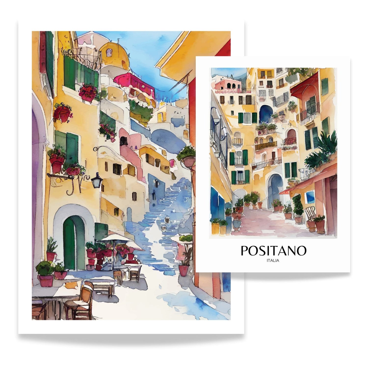 Grafisk akvarellillustrasjon av Positano i Italia med fargerike hus og smale gater