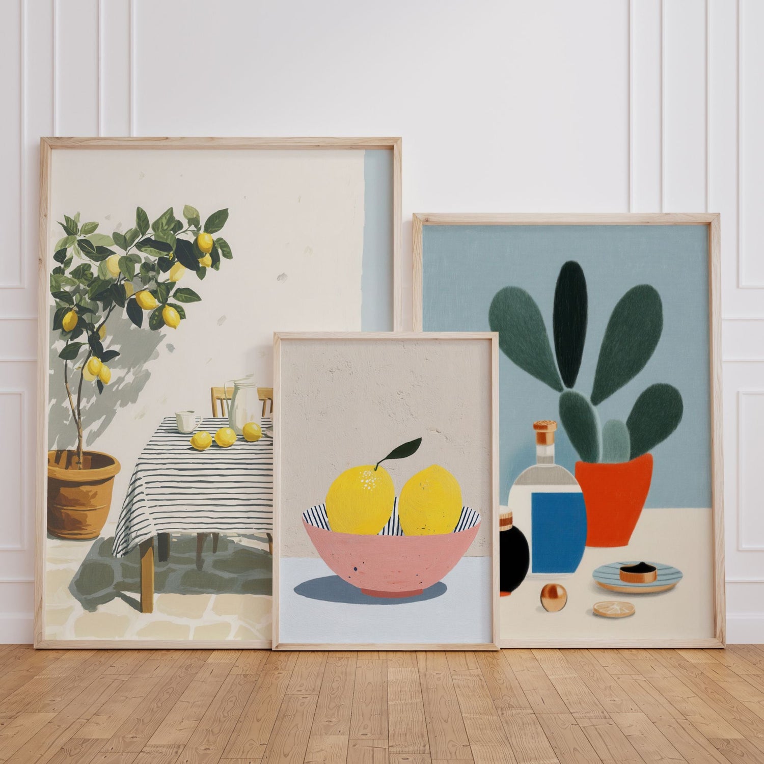 Illustrasjoner fra Still Life & Everyday Calm med stilleben, sitroner og keramikk i rolige og harmoniske farger