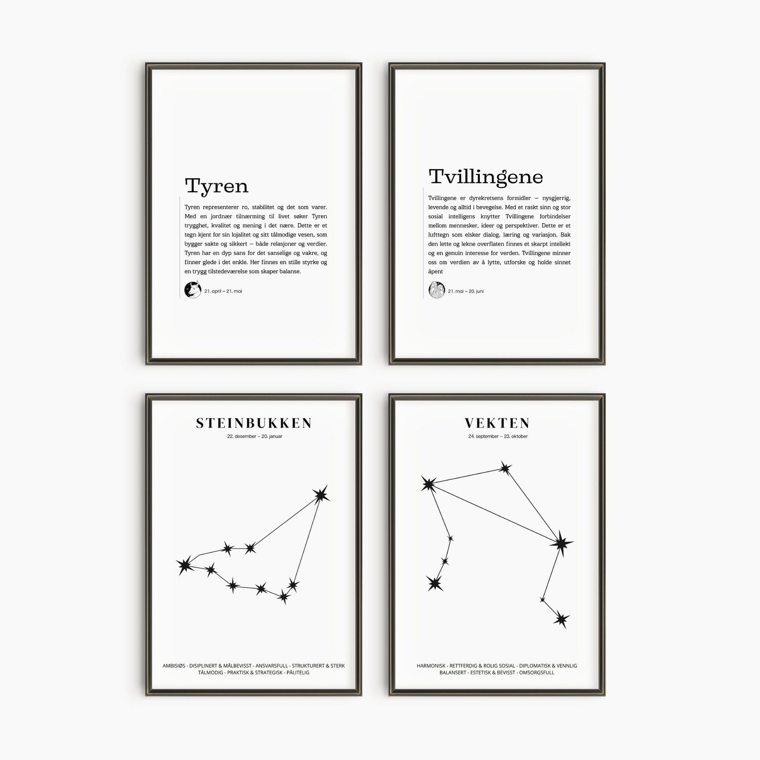 Samling av minimalistiske stjernetegn-plakater med typografisk design – Tyren, Tvillingene, Steinbukken og Vekteni ramme