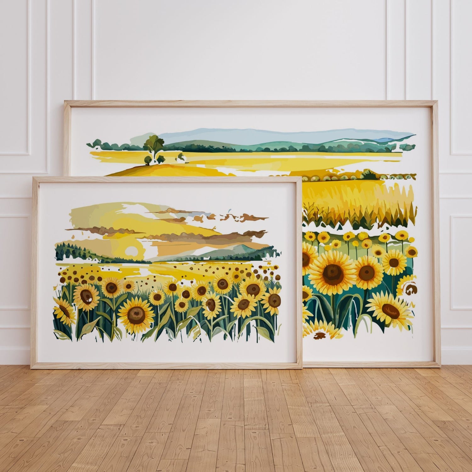 Illustrerte plakater med solsikkefelt i gylne og grønne toner, inspirert av sommerlandskap