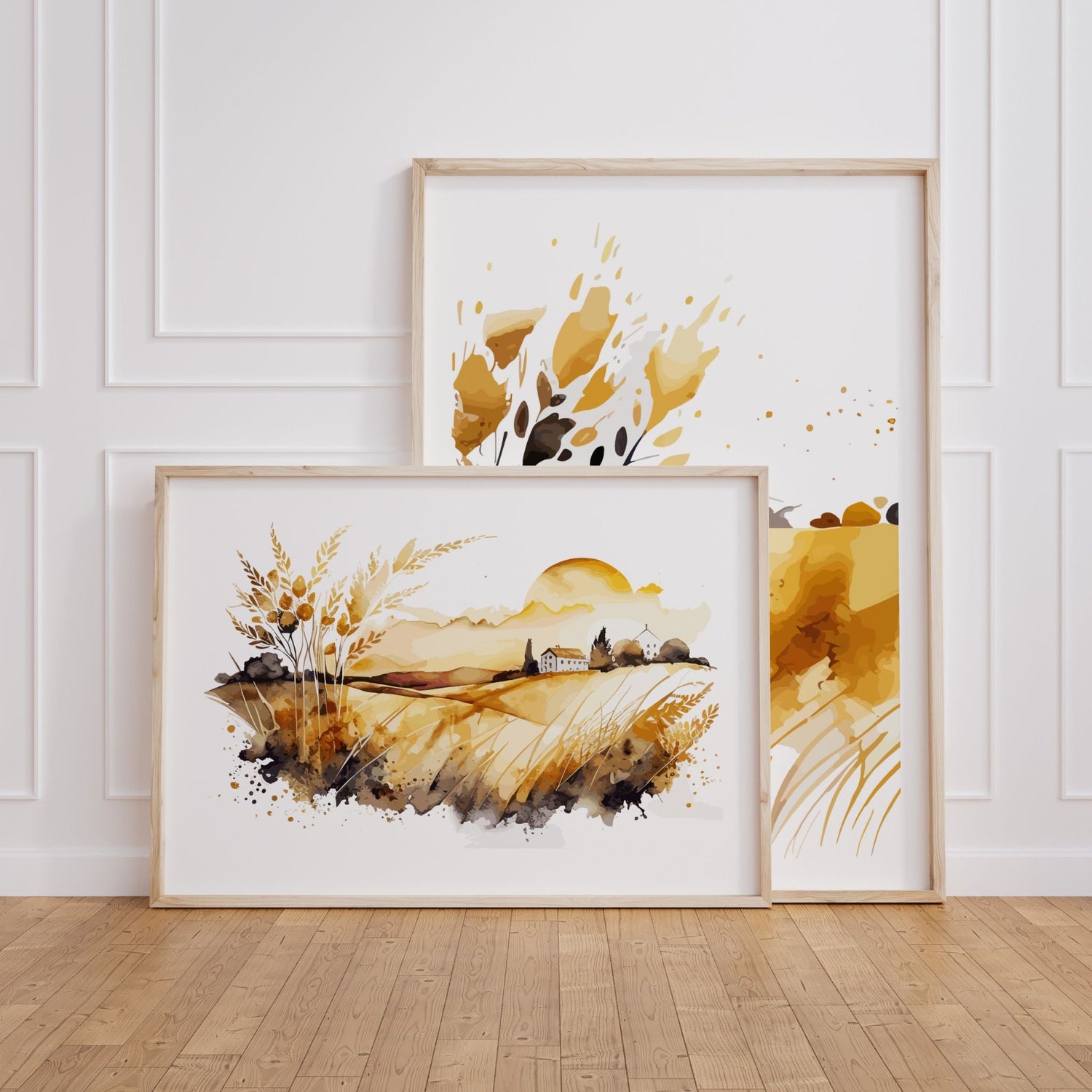 Illustrerte plakater med gylne hveteåkre og rolige landskap i varme jordtoner