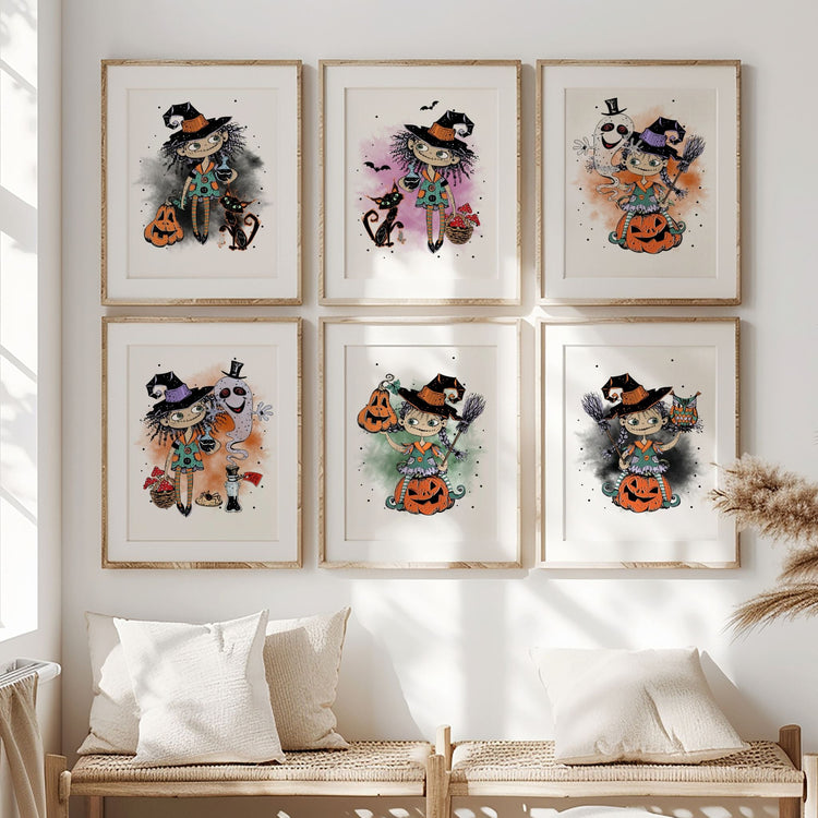 Wickedly Whimsical Collection med seks lekne Halloween-plakater med hekser, spøkelser, katter og gresskar