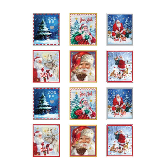 Stickers julemerker - Aassorterte merker med julemotiv. Hvert merke er påført tekst "God Jul". Pynt julekortene eller julepakkene med dekorative jule-stickers. 
