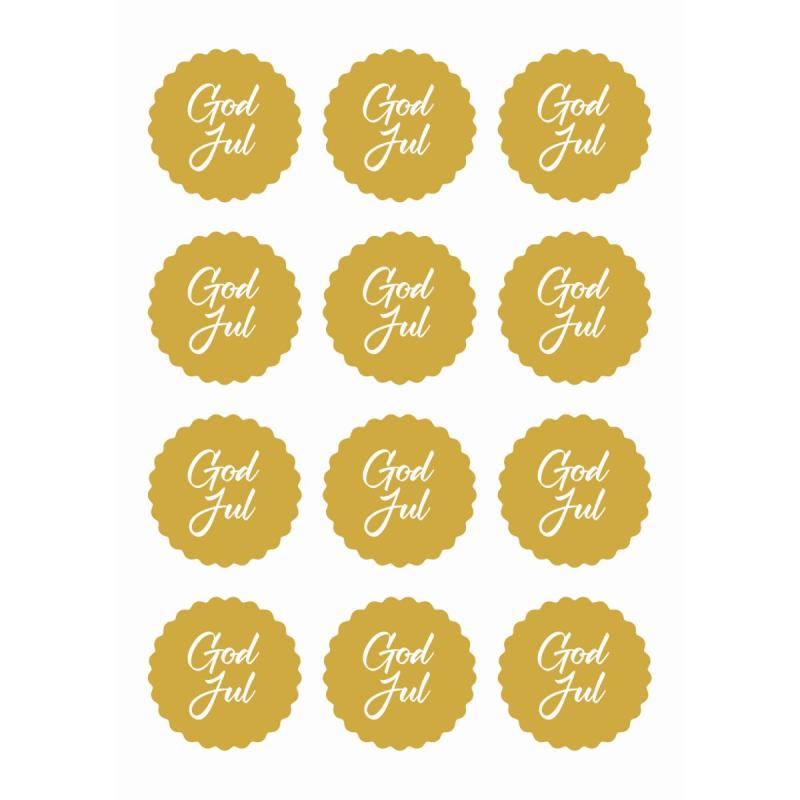 Stickers julemerker i gull med teksten God Jul.  Pynt julekortene eller julepakkene med dekorative jule-stickers. 