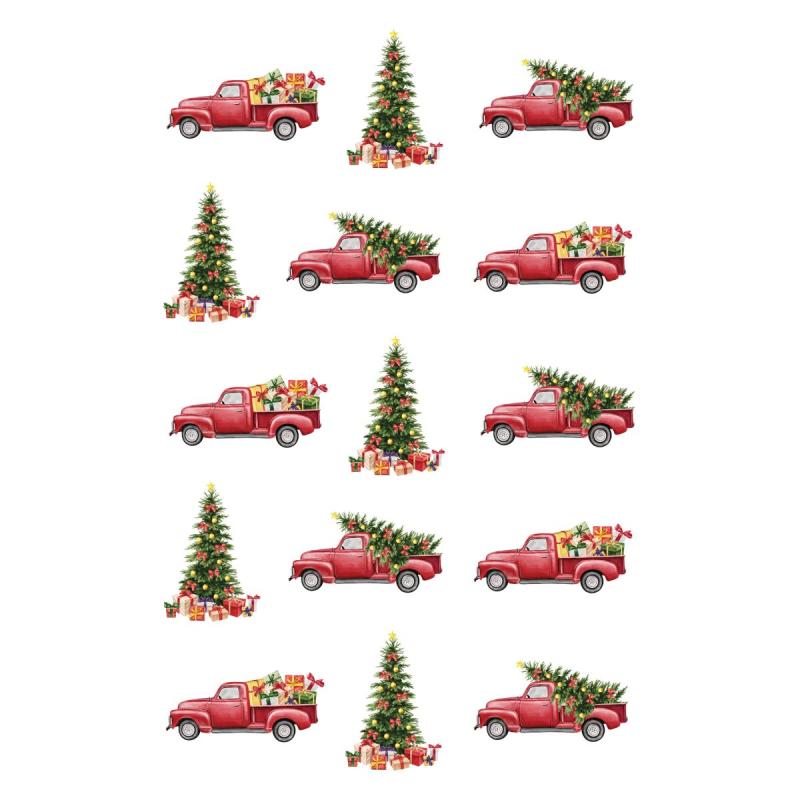 Stickers julemerker med rød julebil og juletre. Pynt julekortene eller julepakkene med dekorative jule-stickers. 