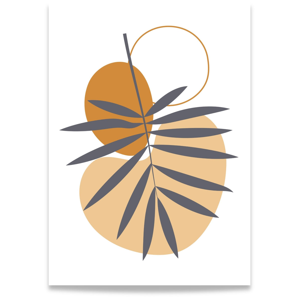 Palm Balance grafisk Boho Wall Art-plakat med palmegren og organiske former i oker, beige og grått
