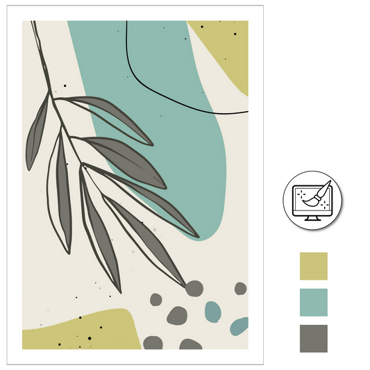 Abstrakt grafisk motiv med tropiske blader i fargenyanser grå, lime og turkis. Plakaten har hvit kantlinje. For innramming eller på lerret.