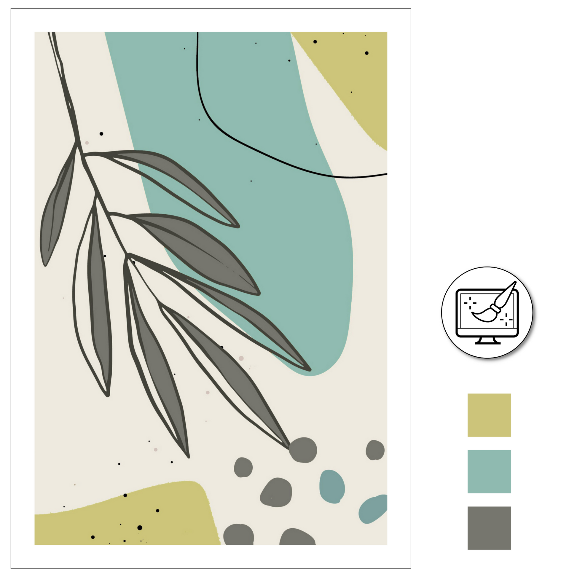 Abstrakt grafisk motiv med tropiske blader i fargenyanser grå, lime og turkis. Plakaten har hvit kantlinje. For innramming eller på lerret.