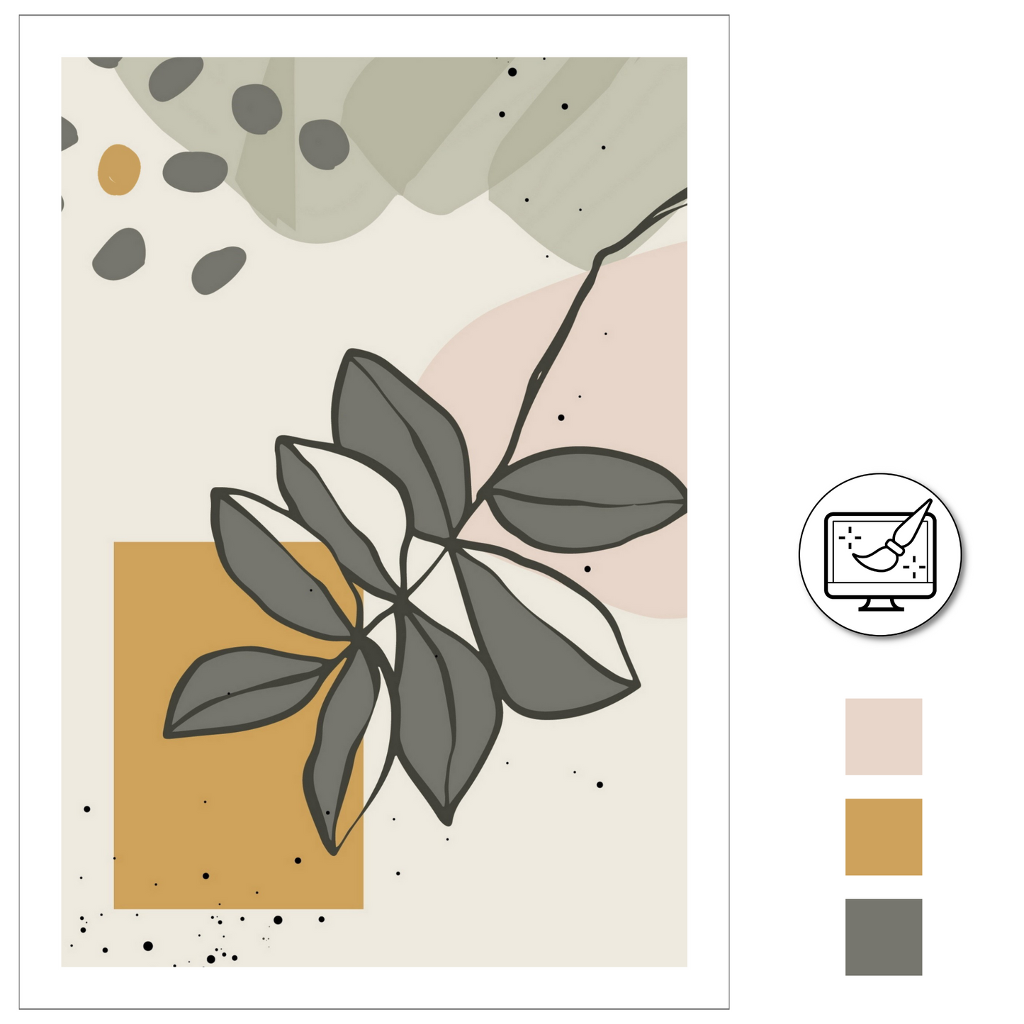 Abstrakt grafisk motiv med tropiske blader i fargenyanser sort, oker, rosa, grå og beige. Plakaten har hvit kantlinje. For innramming eller på lerret.