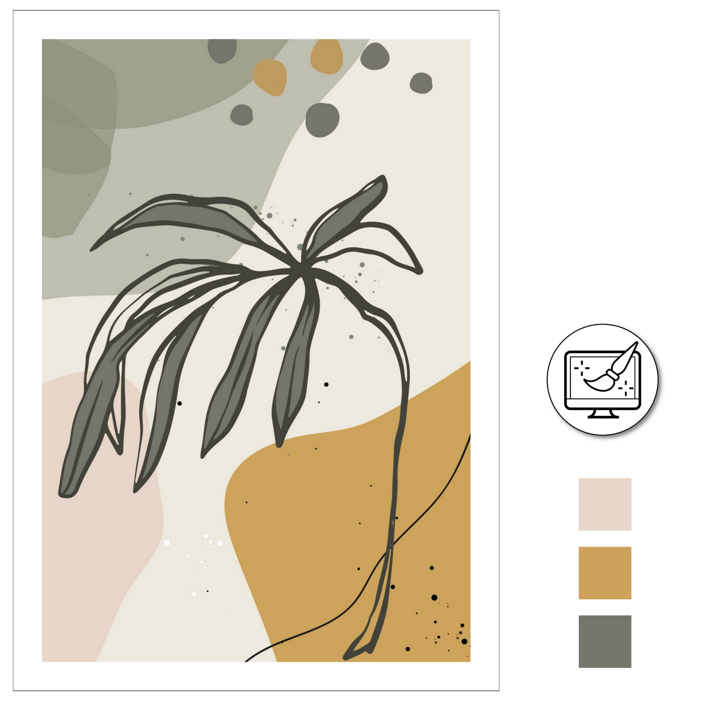 Abstrakt grafisk motiv med tropiske blader i fargenyanser sort, oker, rosa, grå og beige. Plakaten har hvit kantlinje. For innramming eller på lerret.