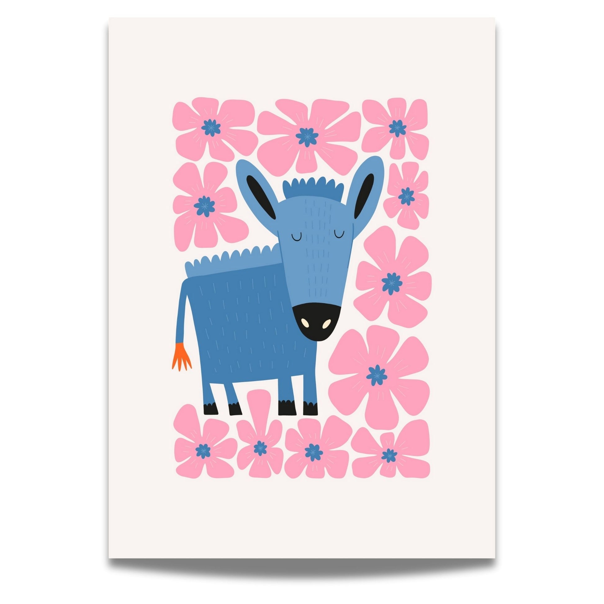 Denne unike plakaten med et søtt blått esel omgitt av blomster gir en beroligende og leken atmosfære.
