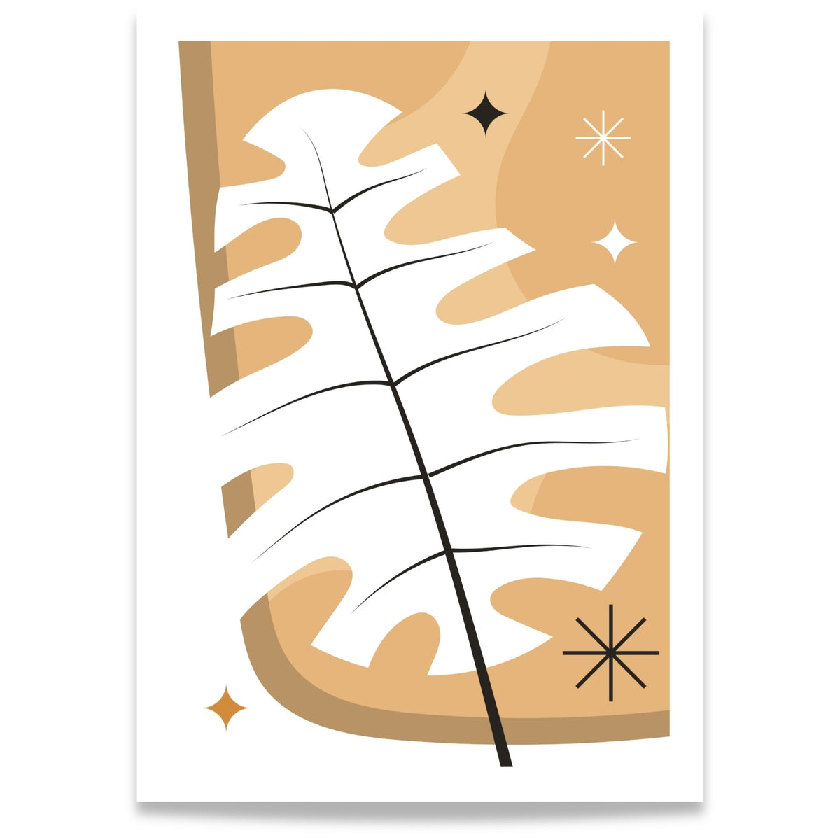 Monstera Glow grafisk Boho Wall Art-plakat med hvitt monsterablad i varme beige- og okertoner