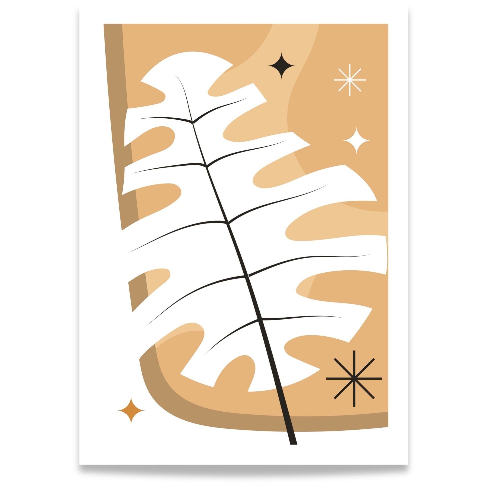 Monstera Glow grafisk Boho Wall Art-plakat med hvitt monsterablad i varme beige- og okertoner