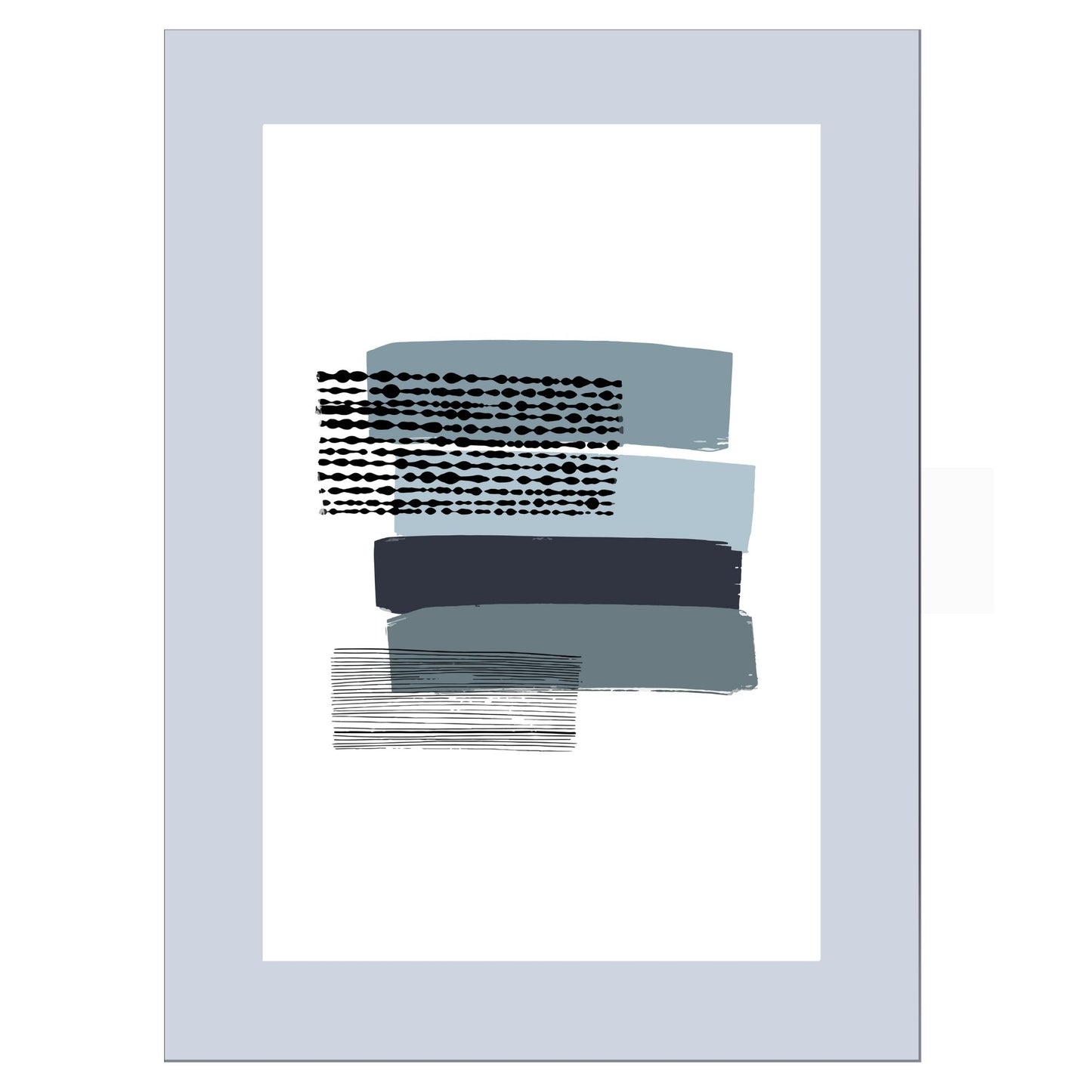 Grafisk plakat i abstrakt horisontalt stripete mønster i blått og grått på hvit bakgrunn. Plakaten har en grå kant som gir dybde og fremhever motivet.