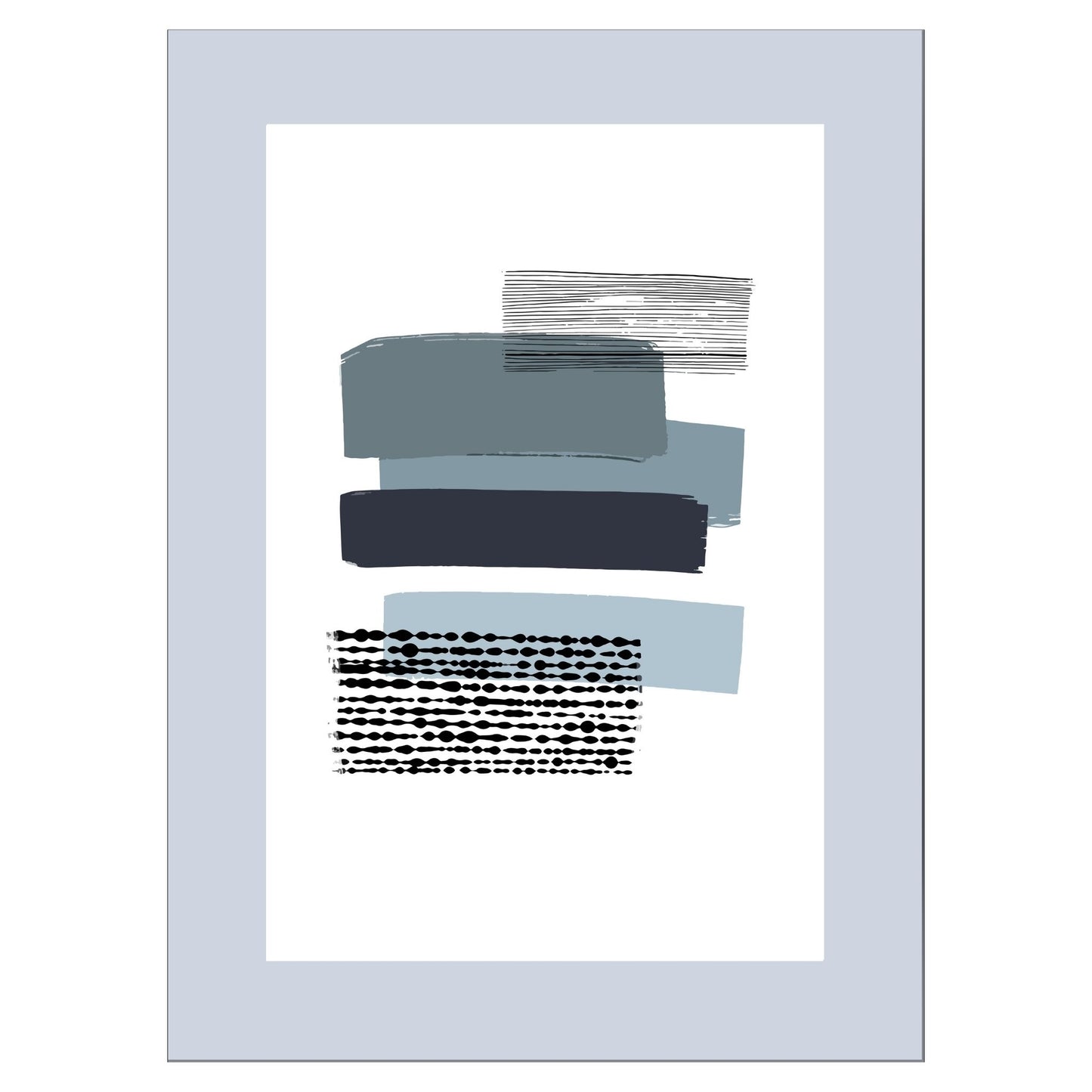 Grafisk plakat i abstrakt horisontalt stripete mønster i blått og grått på hvit bakgrunn. Plakaten har en grå kant som gir dybde og fremhever motivet.
