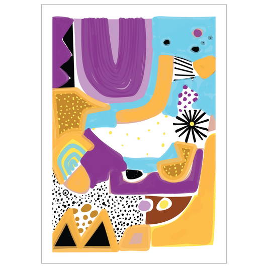 Grafisk kunst med abstrakt, multifarget mønster. Lilla, oransje, lys blå, hvit, brun og sort.