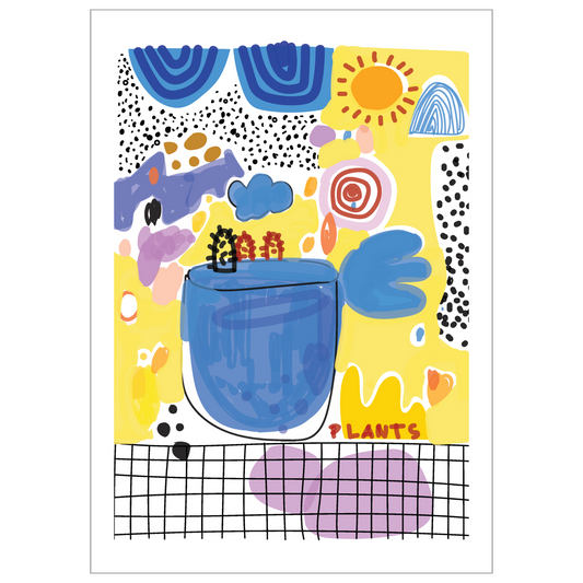 Grafisk kunst med abstrakt, multifarget mønster. Lilla, gul, blå, hvit, oransje og sort.