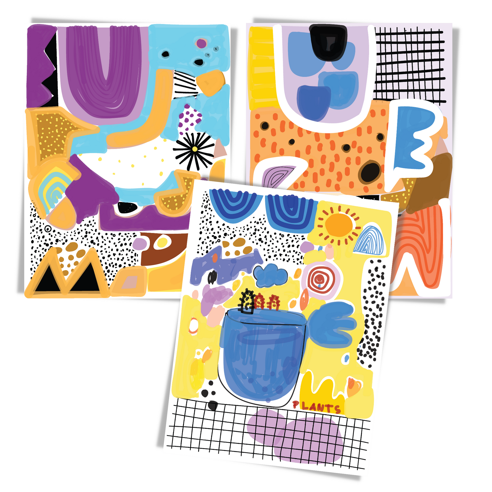 Serie med 3 grafiske motiver i abstrakt, multifarget mønster. 