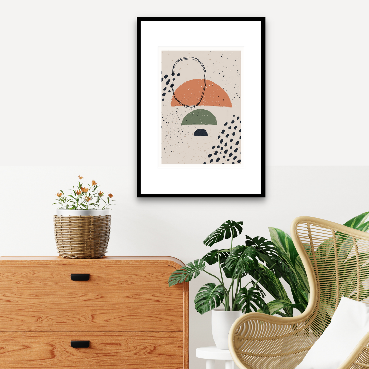 Grafisk kunst med abstrakt mønster. Fargenyanser i sort, rust, grønn og beige.