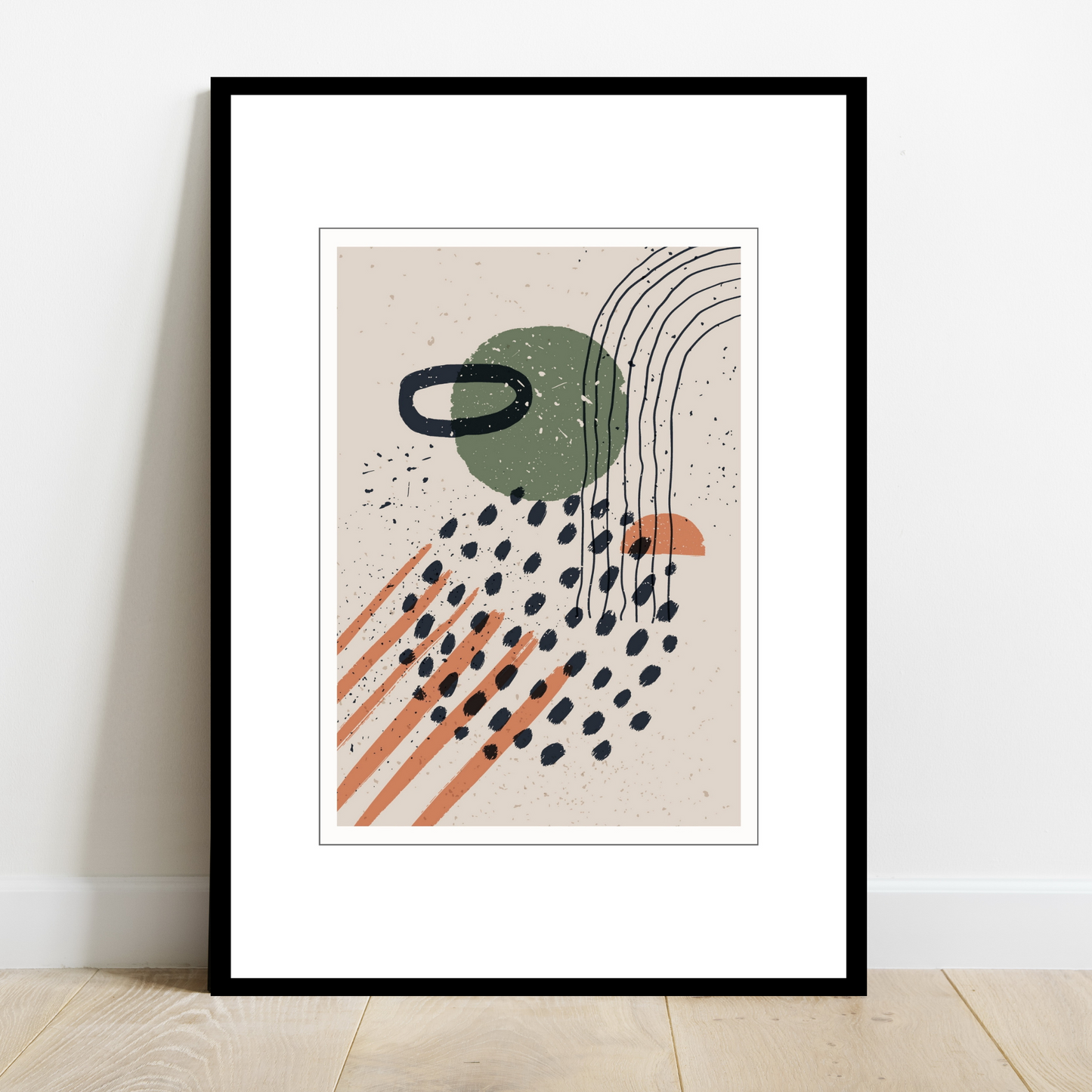 Grafisk kunst med abstrakt mønster. Fargenyanser i sort, rust, grønn og beige.