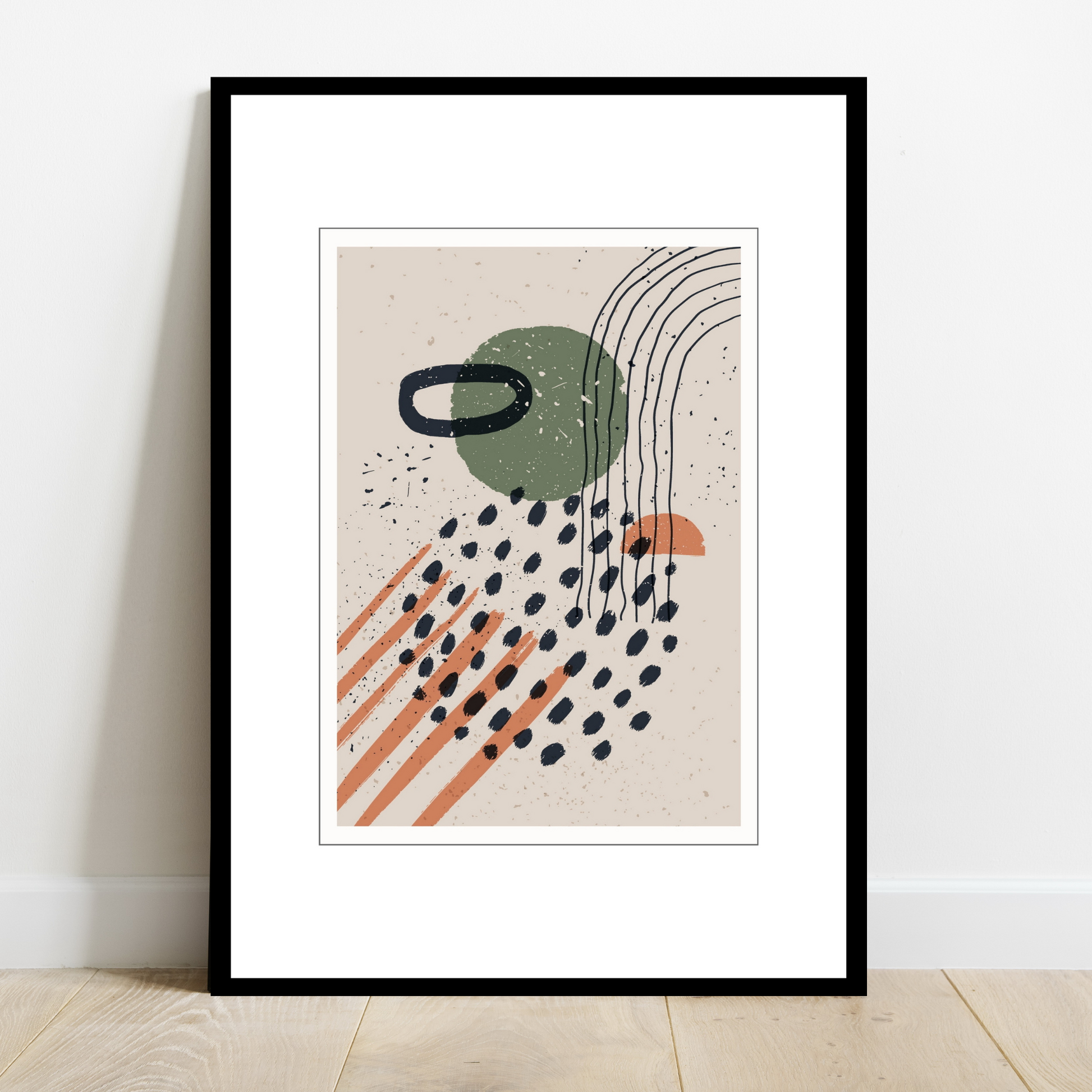 Grafisk kunst med abstrakt mønster. Fargenyanser i sort, rust, grønn og beige.