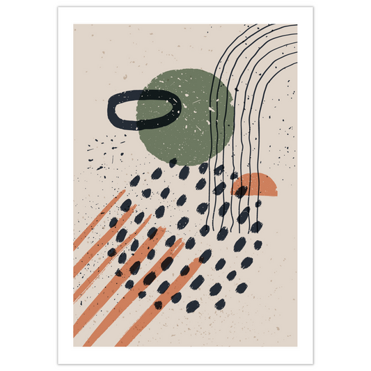 Grafisk kunst med abstrakt mønster. Fargenyanser i sort, rust, grønn og beige.