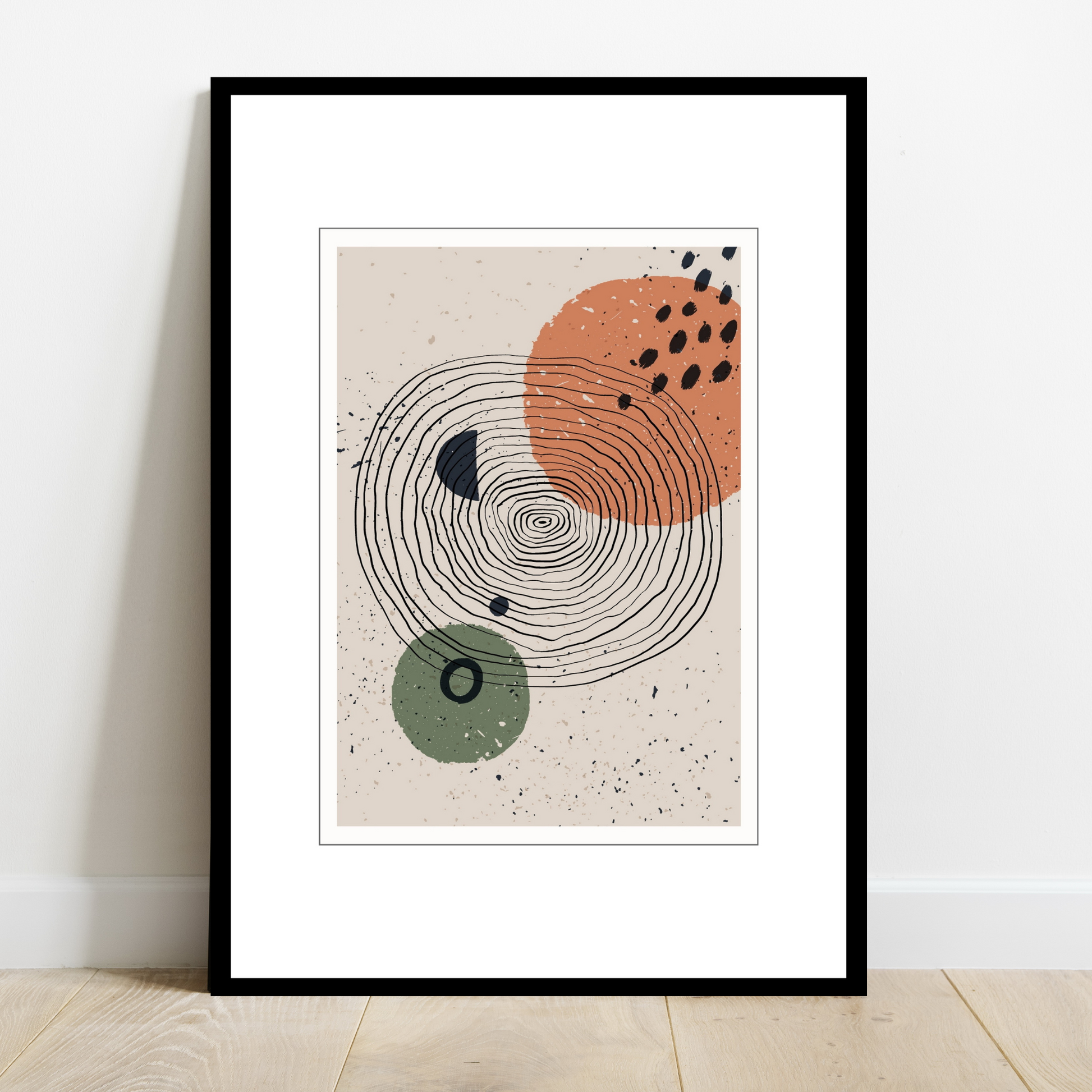 Grafisk kunst med abstrakt mønster. Fargenyanser i sort, rust, grønn og beige.