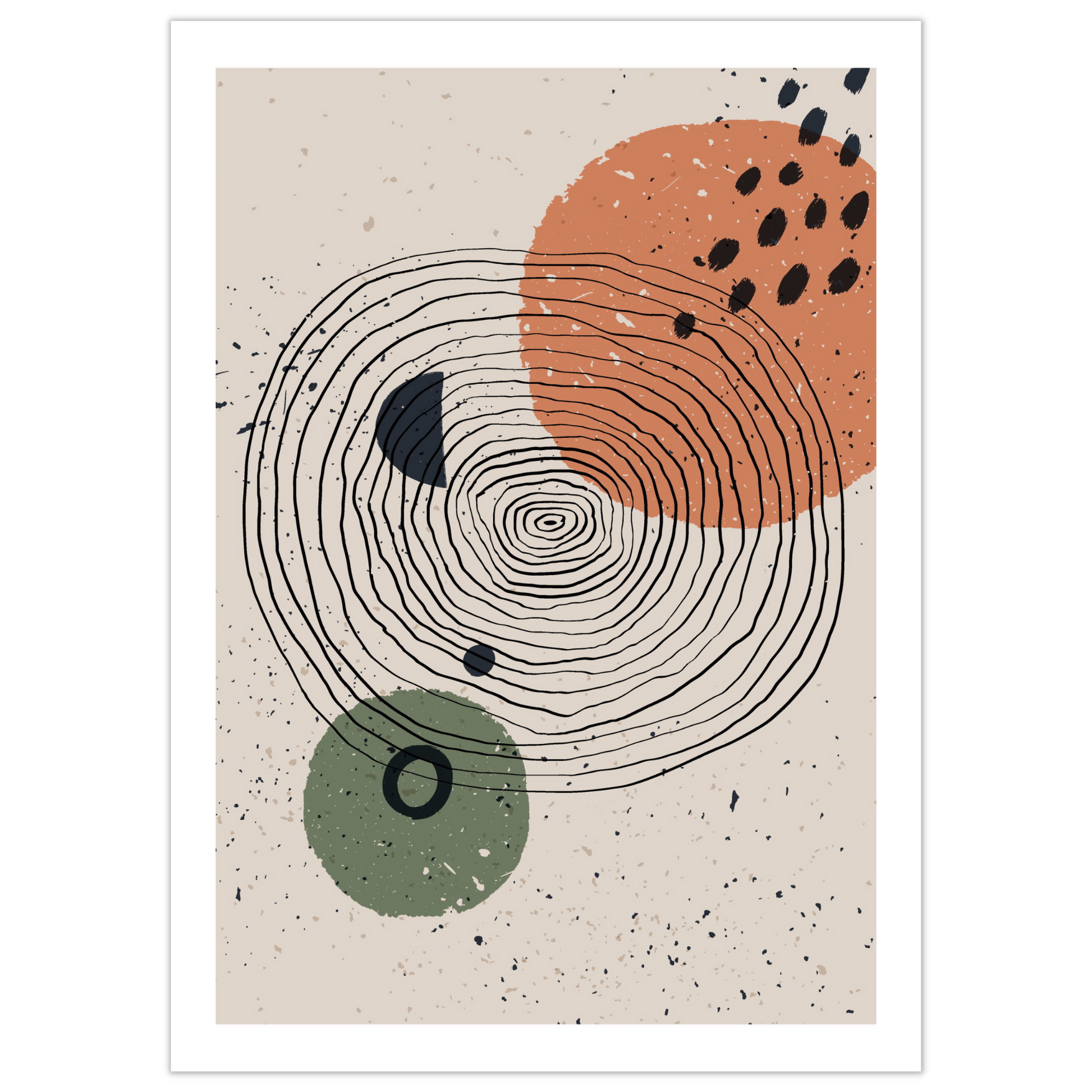 Grafisk kunst med abstrakt mønster. Fargenyanser i sort, rust, grønn og beige.