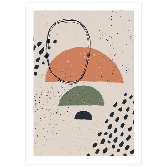 Grafisk kunst med abstrakt mønster. Fargenyanser i sort, rust, grønn og beige.