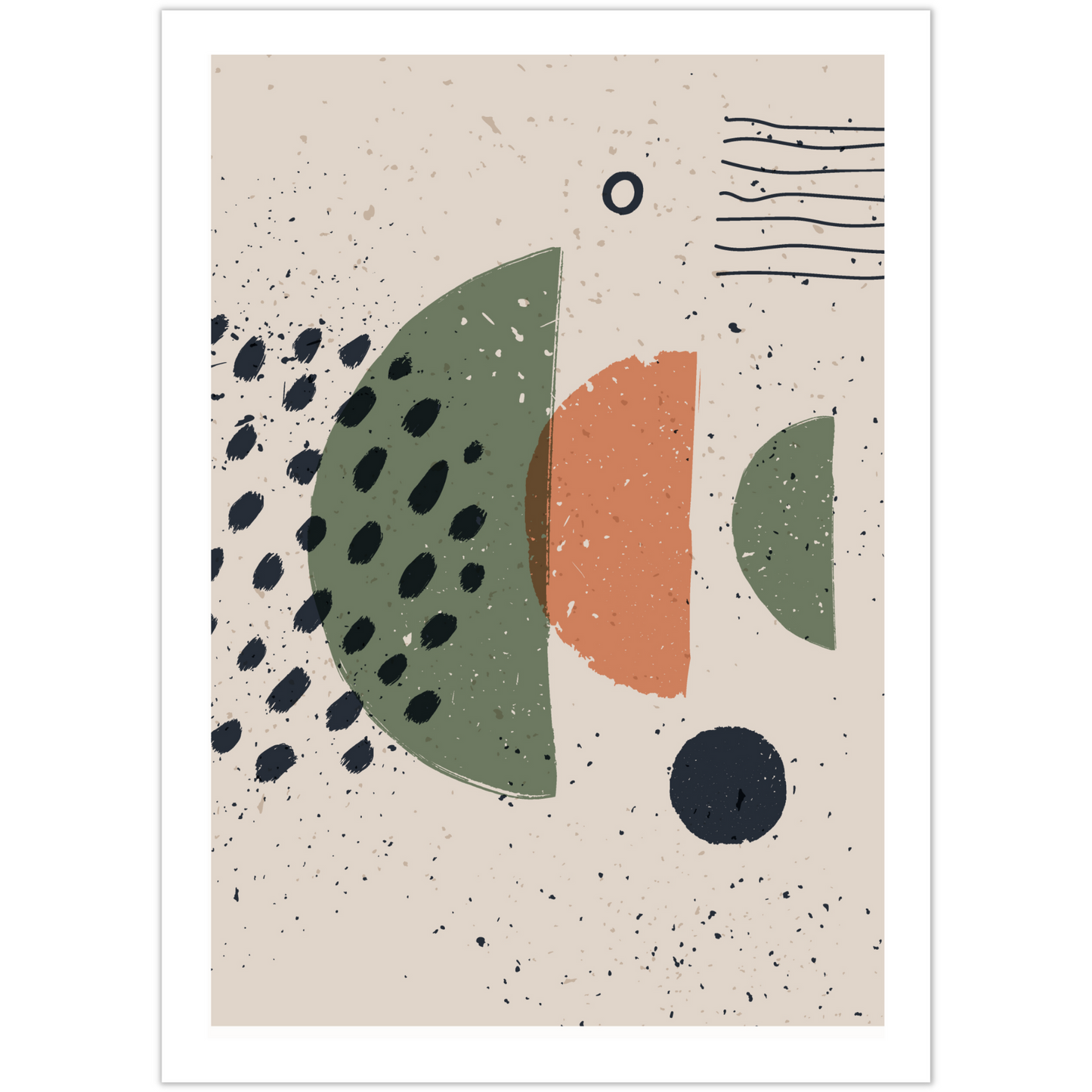 Grafisk kunst med abstrakt mønster. Fargenyanser i sort, rust, grønn og beige.