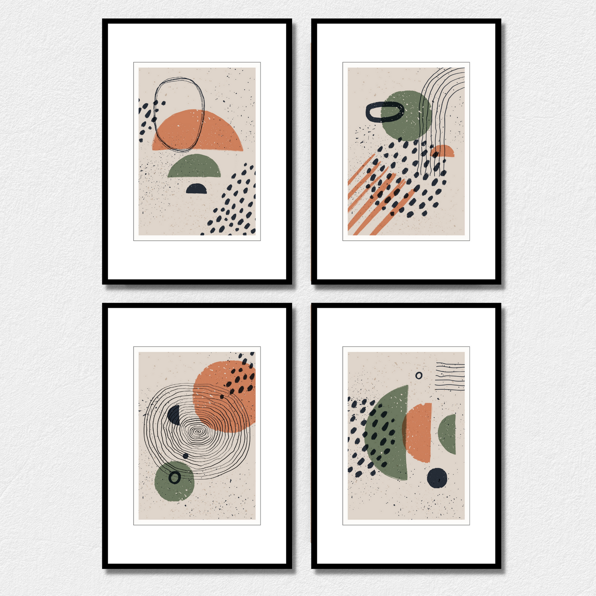 Serie med 4 motiver i abstrakt mønster. Fargenyanser i sort, rust, grønn og beige.