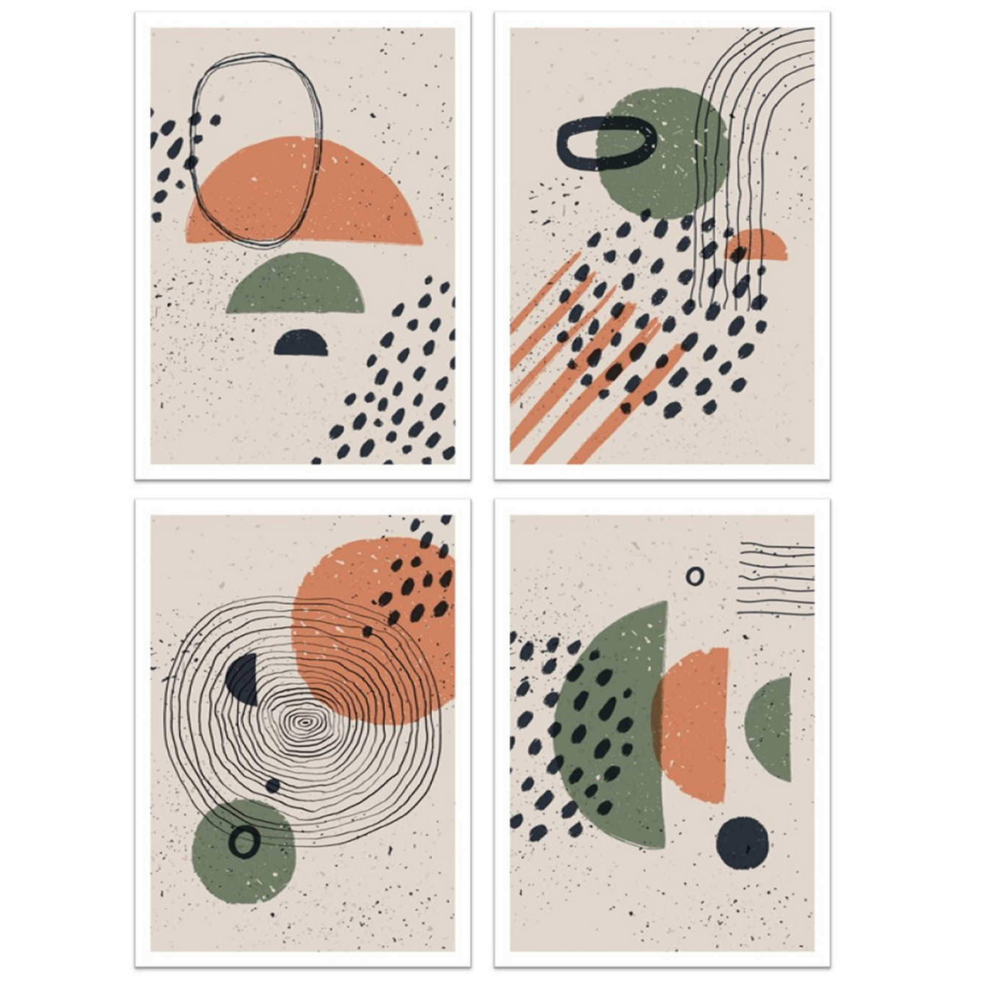 Serie med 4 motiver i abstrakt mønster. Fargenyanser i sort, rust, grønn og beige.