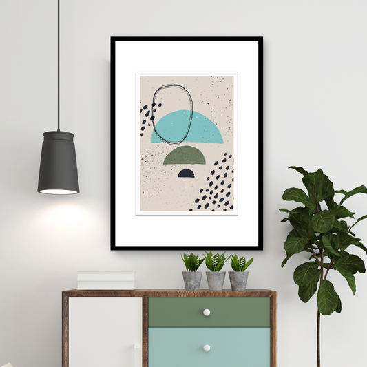 Grafisk kunst med abstrakt mønster. Fargenyanser i sort, turkis, grønn og beige.