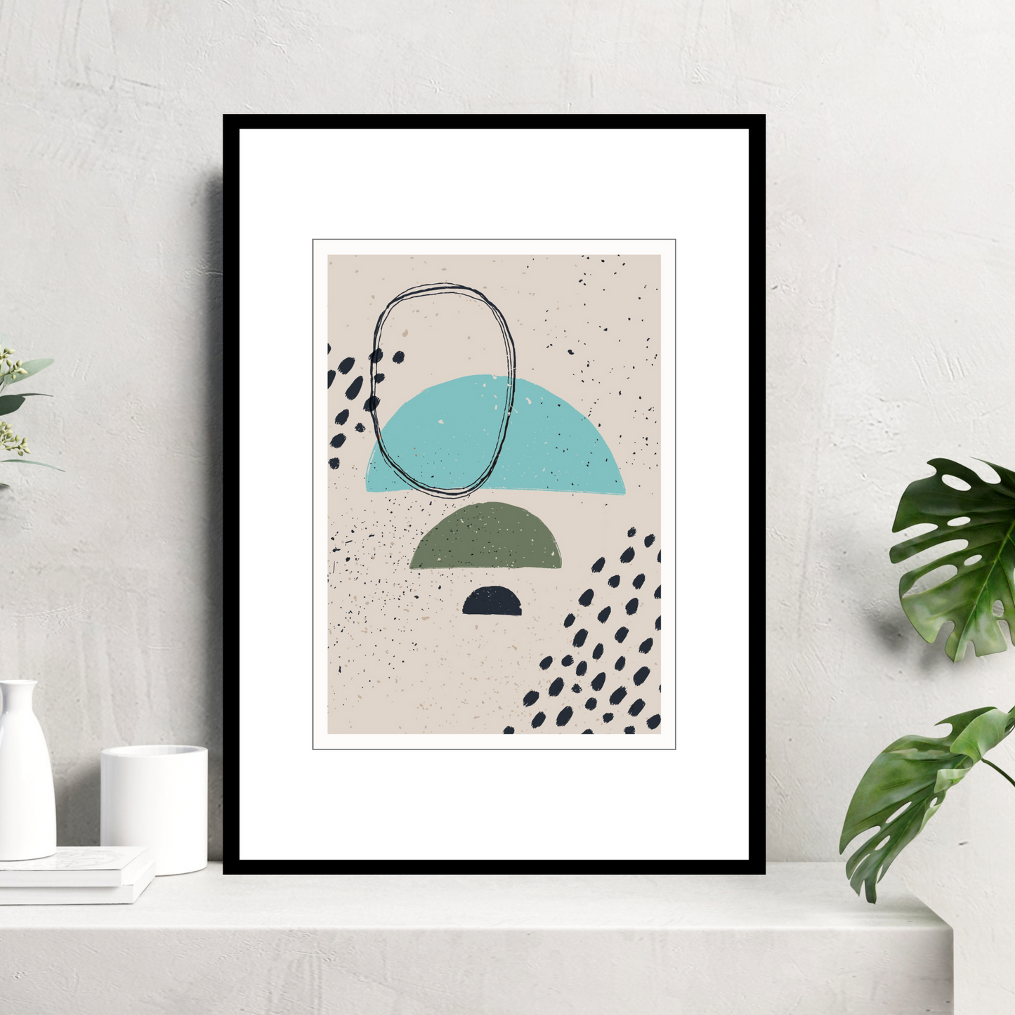 Grafisk kunst med abstrakt mønster. Fargenyanser i sort, turkis, grønn og beige.