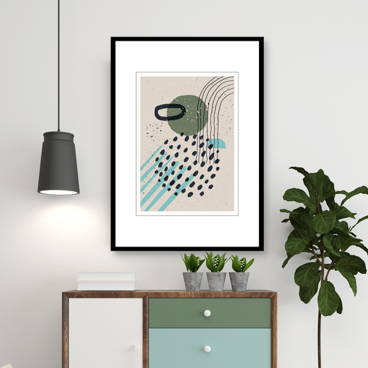 Grafisk kunst med abstrakt mønster. Fargenyanser i sort, turkis, grønn og beige.