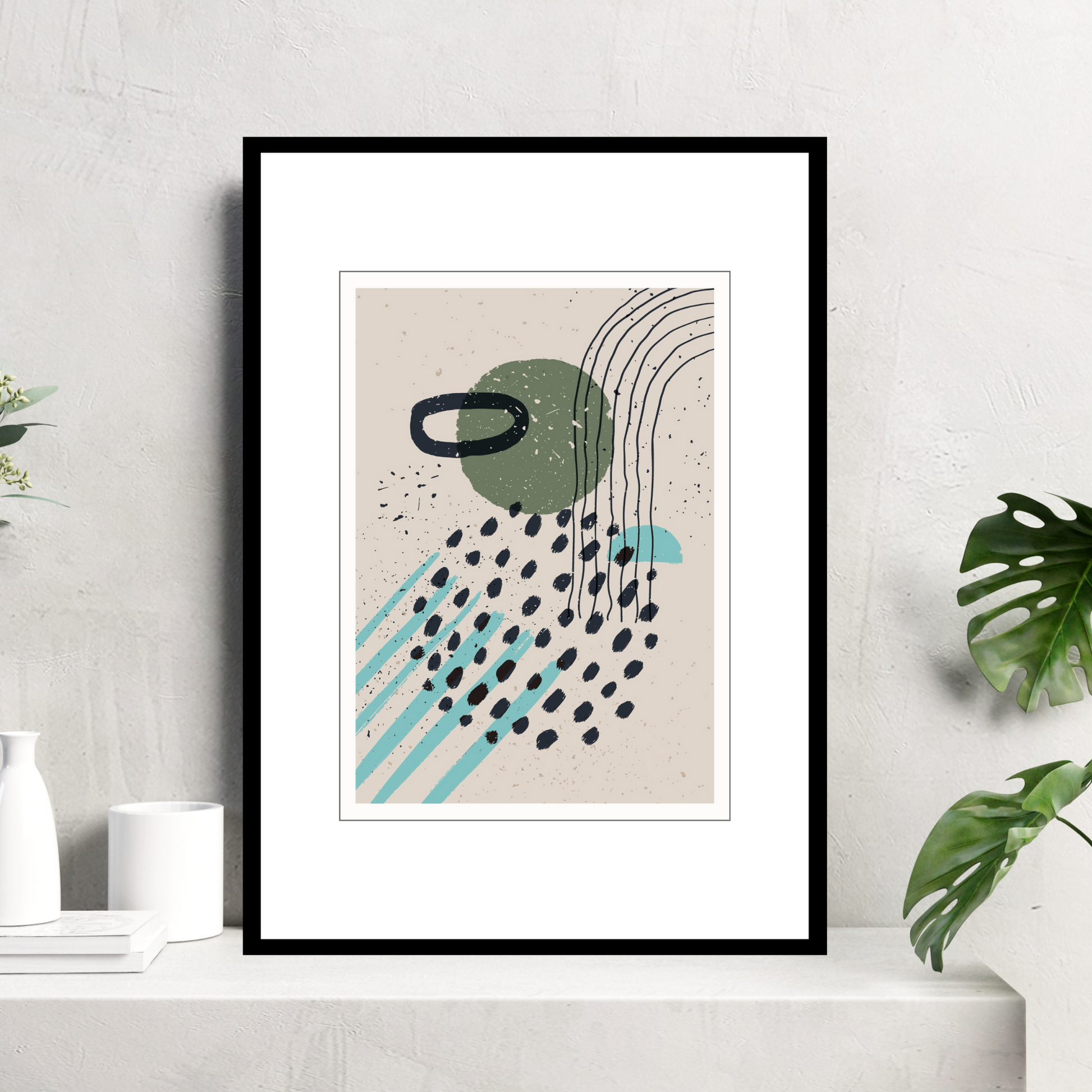 Grafisk kunst med abstrakt mønster. Fargenyanser i sort, turkis, grønn og beige.