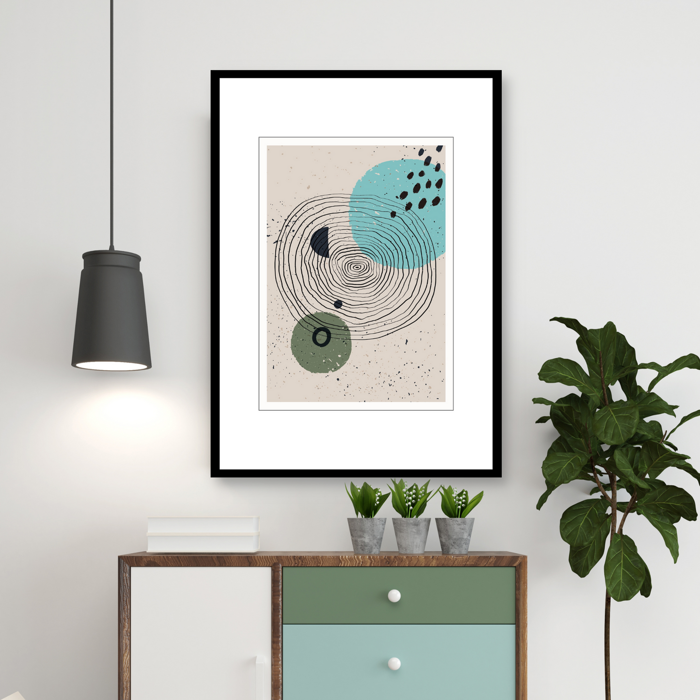 Grafisk kunst med abstrakt mønster. Fargenyanser i sort, turkis, grønn og beige.