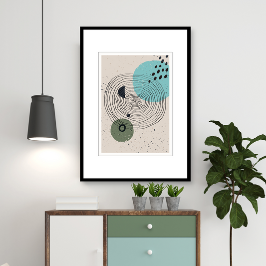 Grafisk kunst med abstrakt mønster. Fargenyanser i sort, turkis, grønn og beige.