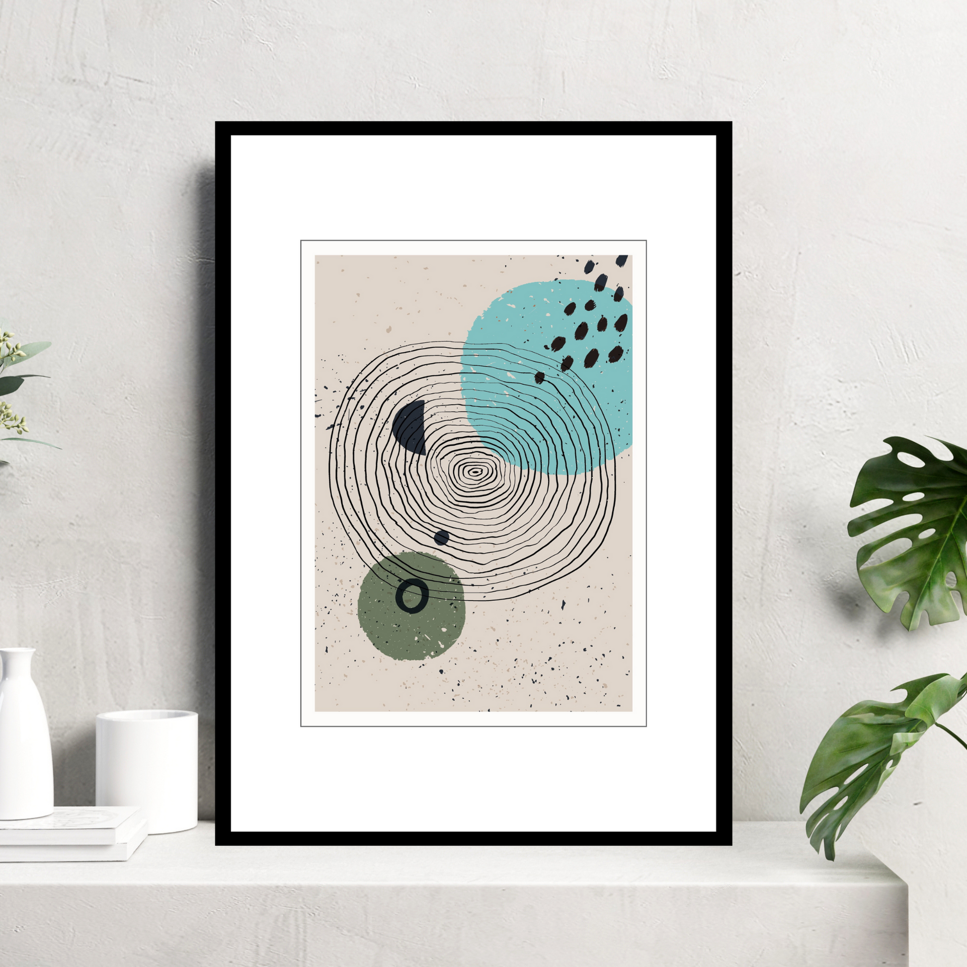 Grafisk kunst med abstrakt mønster. Fargenyanser i sort, turkis, grønn og beige.